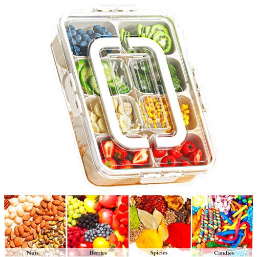Zufudo 1 Pack Divided Serving Tray with Lid and Handle Clear Plastics Snackle Box Veggie Platter Portable Storage Organizer for Candy, Cookies, Relish, Fruit