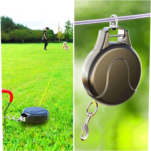 Pestairs 30ft Retractable Dog Tie Out Cable - 2-in-1 Retractable Dog Tie Out for Dog Zipline,Aerial Run Cable,Dog Tie Out Trolley Or Dog Stake Dog Anchor, No Tangle Retractable Tie Out Reel for Camping Or Yard