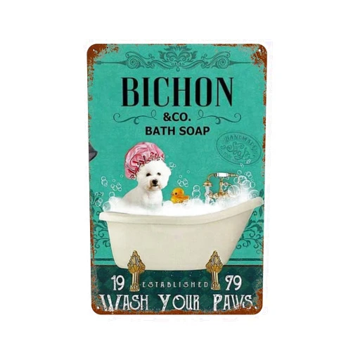 VelfDuel Retro Tin Sign Bichon Co Bath Soap Wash You Paws Funny Metal Sign Retro Wall Decor For Home Cafes Office Store Pubs Club Sign Gift 8x12 Inch Plaque Tin Sign