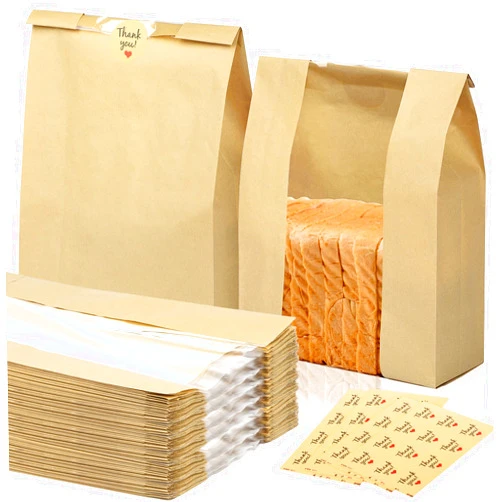 NIUBIER Paper Bread Bags for Homemade Bread, 48 Pack Sourdough Bread Bags with Thank You Seal Stickers, Large Bread Loaf Bags with Clear Window for Baked Food Packaging Storage(13.7x8.2x3.5 inch)