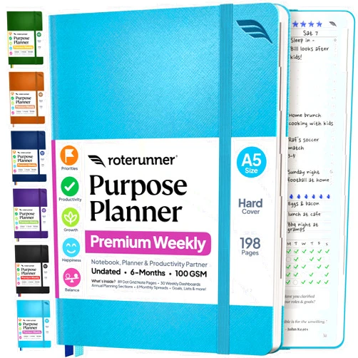 Roterunner Purpose Planner Notebook A5 5.8”x8.3” Undated 2026 Daily Weekly and Monthly Productivity Goal Setting Tool for Work Home ADHD Planner for Adults Self Care Journal (Teal Hardcover)