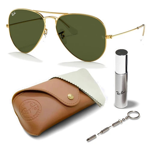 Ray-Ban RB3025 Classic Aviator Shape Sunglasses With Eyewear Kit Bundle - Adjustable Nose Pads - Retro Sunglasses