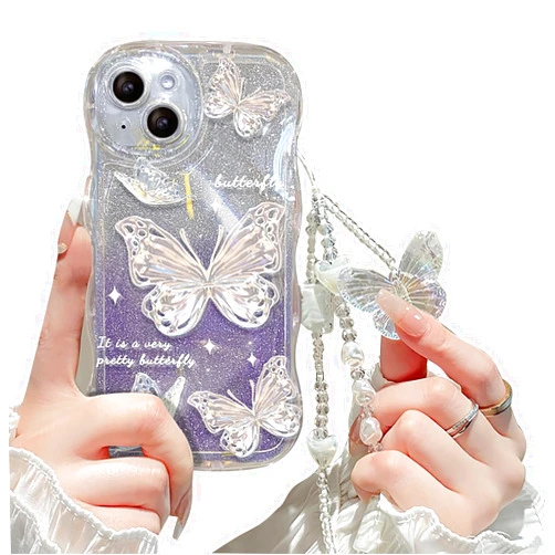 Cutecasee Compatible with iPhone 11 Case for Women/Girls, Cute Butterfly Glitter Bling with Bracelets Anti-Scratch Shockproof Case for iPhone 11, Purple with Bracelets