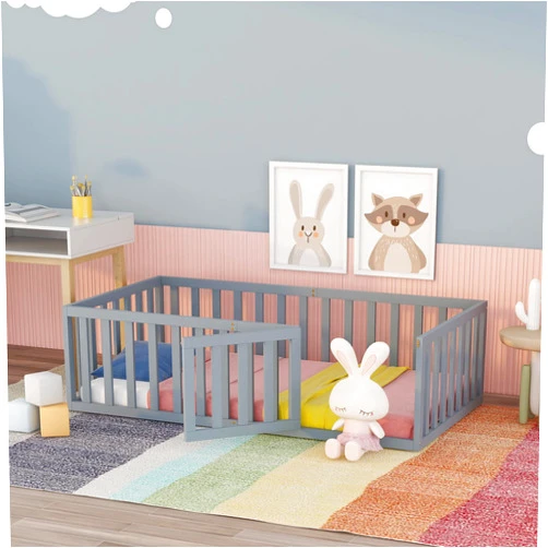 NCKMYB Twin Size Kids Floor Bed with Fence, Wooden Playpen Bed with Door, Fence-Shaped Guardrails, Kids Play Fence Bed, Easy Assembly (Grey)