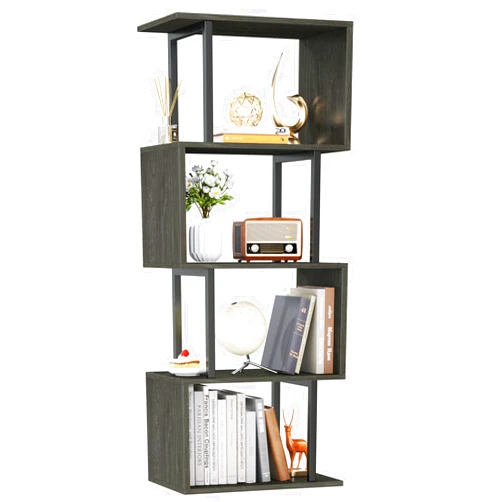 Furologee Geometric Bookshelf 5 Tier Bookcase, Industrial S-Shaped Display Storage Shelf for Small Space, Tall Metal Wood Decorative Standing Shelves for Bedroom, Living Room, Office, Black Oak