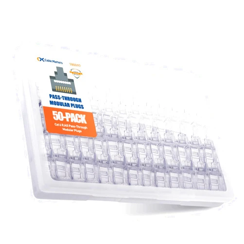 Cable Matters 50-Pack Cat 6 Pass Through RJ45 Connectors (Cat 6 Ends / Cat6 Connector / RJ45 Modular Plugs/Ethernet Plugs/Network Connector) for Solid or Stranded UTP Ethernet Cable