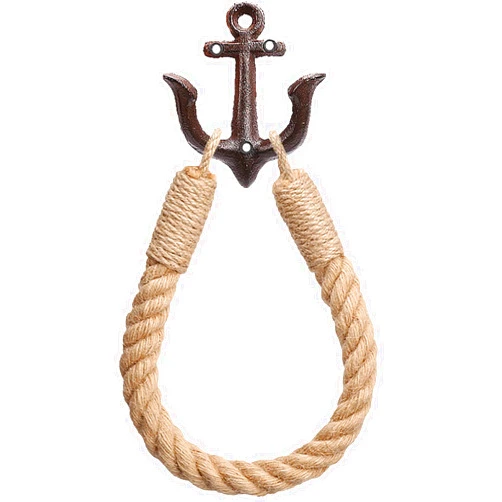 Ljxoaieu Nautical Rope Toilet Paper Holder Wall-Mounted Towel Ring Nautical Toilet Paper Holder with Metal Hooks Coastal Towel Rack Natural Antique Rope(Black)