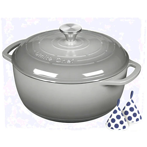 Umite Chef Enameled Cast Iron Dutch Oven - Umite Chef 6QT Pot with Lid & Cotton Potholders - Dual Handles -Versatile Heavy Duty Cookware for Bread Baking，Braising, Stews, Roasting（Grey）