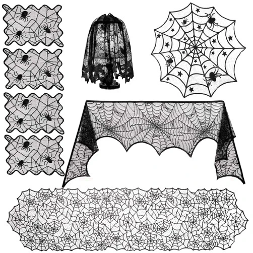 Sunnyglade 8 Pack Halloween Spider Cobweb Lace Tablecloth Set,Fireplace Mantel Scarf & Lace Table Runner & Round Table Cover & Spider Lampshade & Rectangular Placemat for Halloween Party Decorations
