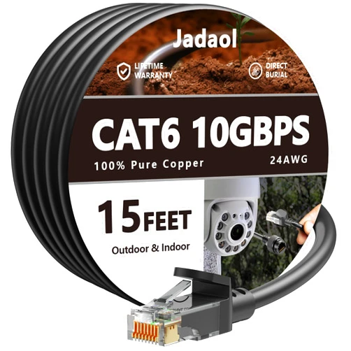 Jadaol Cat 6 Outdoor Ethernet Cable 15 ft, Support Cat 8 Cat 7 Network, 10Gbps 24AWG Pure Copper, Direct Burial Waterproof RJ45 UV Resistant UTP LAN Internet Patch Cord for Router, Modem, PS4/5, Xbox, Gaming