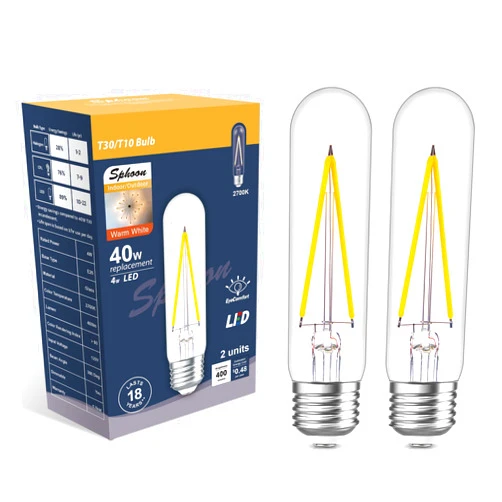 Sphoon Dimmable Tubular Led Bulb E26 led Light Bulb,T10 T30 Vintage LED Bulbs, 40 watt Equal 4W, 2700K Warm White Light Edison Lights Bulbs, AC120V, 400lm, for Chandelier Pendant Lights- 2 Pack