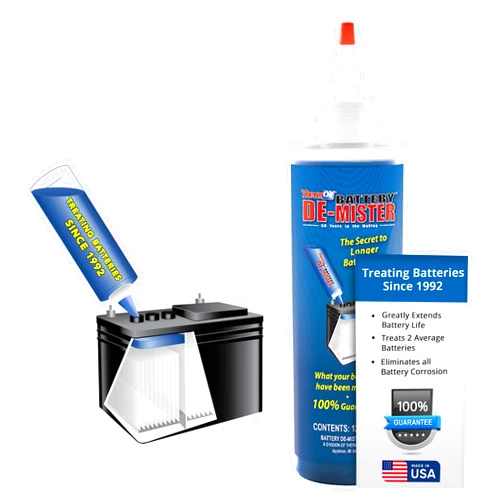 Thermoil® De-Mister Eliminates Golf Cart Corrosion Greatly Extends Battery Life Greatly Reduces Water Consumption & Toxic Fumes Treats One 6, 8, or 12 Volt Battery. Made in USA.