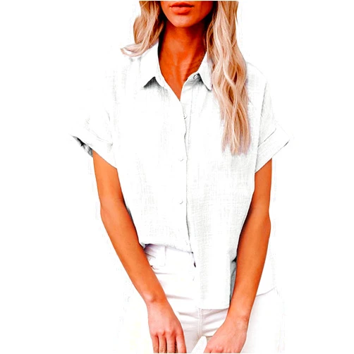 MYNKYLL Women Cotton Linen Button Down Shirts Short Sleeve Office Collared Blouses V Neck Casual Tops (Black #1, XXXXL)