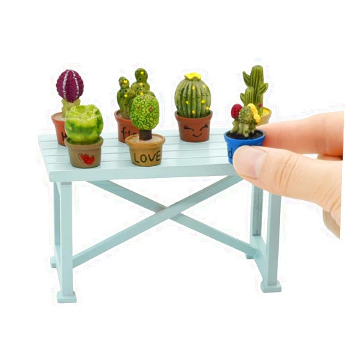 iLAND Miniature Dollhouse Accessories and Furniture, Dollhouse Table w/Succulent Dollhouse Plants 8pcs Fit Dollhouse & Fairy Garden