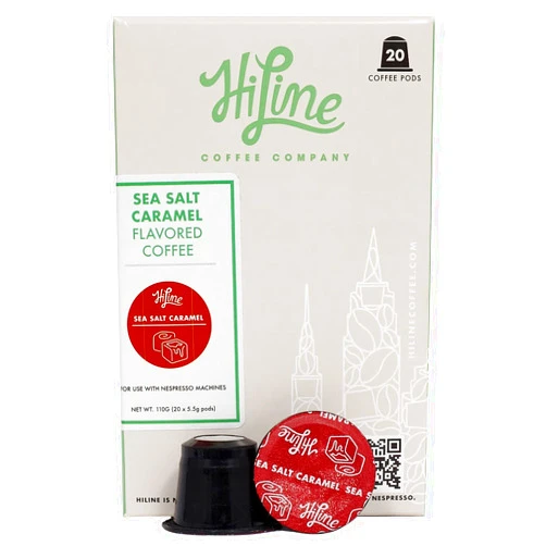 HiLine Coffee HiLine Espresso Coffee Pods, Salted Caramel Flavored Coffee, 20 Count Pack of 1 , Single Cup Espresso Capsules, Compatible with Nespresso Original Brewers