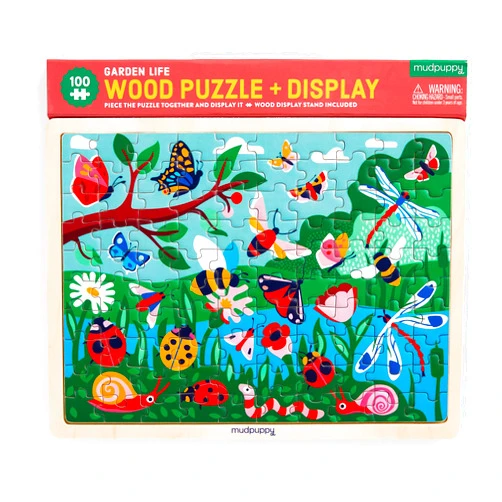 Mudpuppy Garden Life – 100 Piece Wooden Puzzle and Display Stand for Room Decor with Bright and Bold Illustrations of A Scenic Garden for Kids