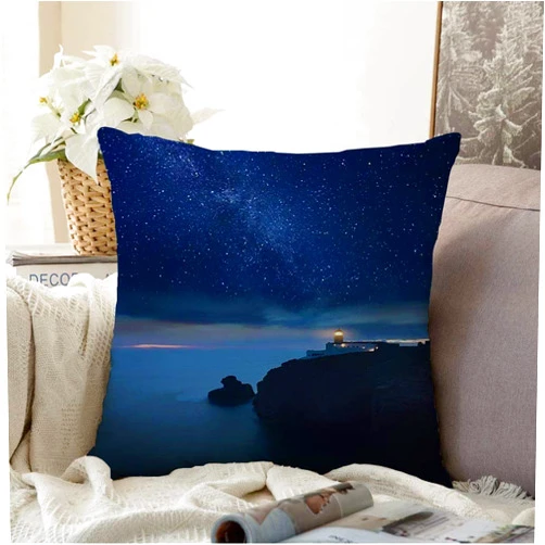 Starogs Decorative Throw Pillow Covers for Couch and Bed Milky Ocean Cape Lighthouse Under Travel Starry Algarve Night St Design Sagres Saint Outdoor Dusk Cozy Square Pillowcase 16x16 Inch