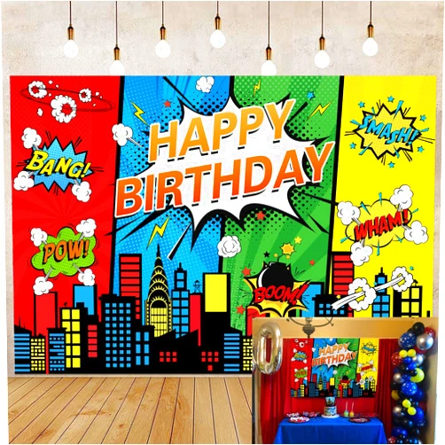 Generic Superhero Photo Backdrop Superhero Theme Birthday Party Backdrop for Boys Cake Table Decoration Background Photo Booth Props (7X5FT)