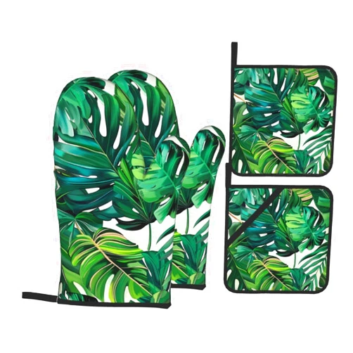 VVTDESA Tropical Leaves Oven Mitts and Pot Holders Set of 4 - Heat Resistant, Waterproof Fabric - Ideal for Kitchen, Baking, Barbecue - Idea Gift!