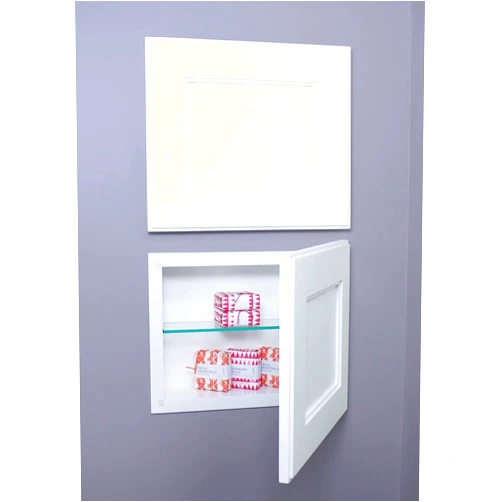 Fox Hollow Furnishings 14”Wx11”H Recessed Concealed Medicine Cabinet - Hidden Wall Storage and Home Decor with Landscape Picture Frame Door, Adjustable Shelf (White Solid Wood Panel)