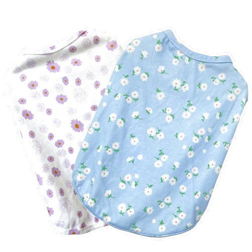 Taoqiao 2PCS Summer Dog Cotton T Shirt Pet Tee Shirts Puppy Daisy Flower Prints Clothes Apparel for Small Dogs Cats