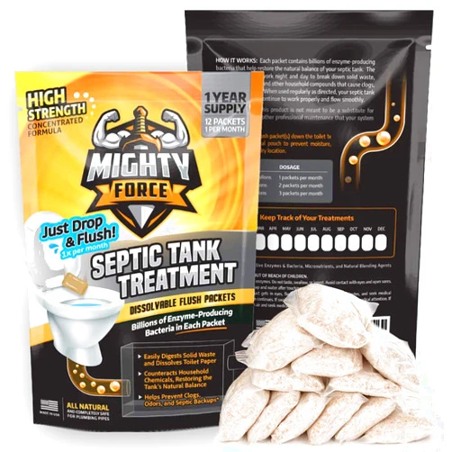 MIGHTY FORCE Septic Tank Treatment Packets - 1 Year Supply (12 Dissolvable Flush Packs) - Billions of Active Bacteria - Just Drop, Flush, and Repeat