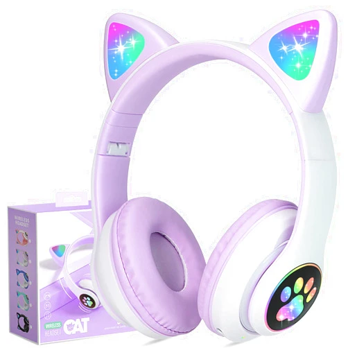 TCJJ Kids Wireless Headphones Cat Ear LED Light Up Bluetooth Foldable Headphones Over Ear with Microphone for Girls Boys School Online Learning (Purple)