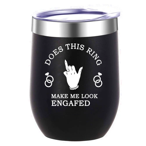 ATHAND Engagement Gift Does This Ring Make Me Look Engaged Wine Tumbler,12 Oz Insulated Stainless Steel Iced Tumbler with Lid,Novelty Engagement Gift for Bride Women,Anniversary Birthday Christmas(Black)