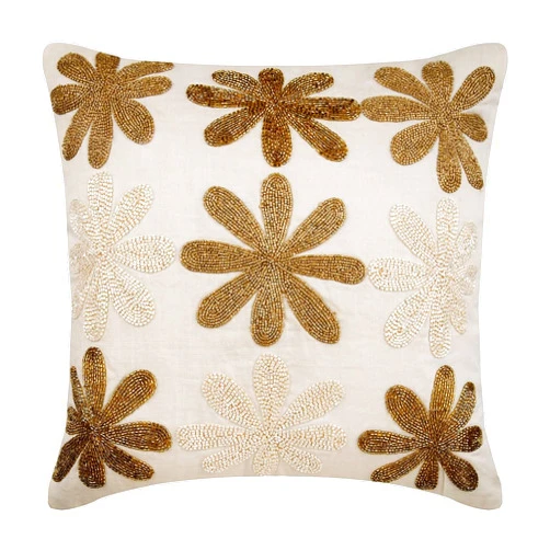 The HomeCentric Decorative Throw Pillows Cover for Couch, Square Gold and Ivory Floral Beaded 12