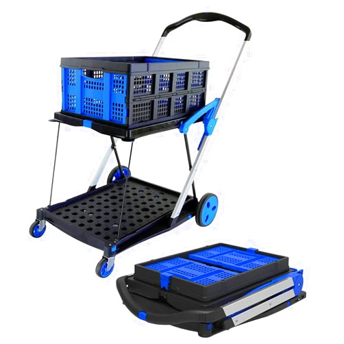 Magna Cart 2 Tier Foldable Shopping Trolley Cart with Folding Crate, Black/Blue