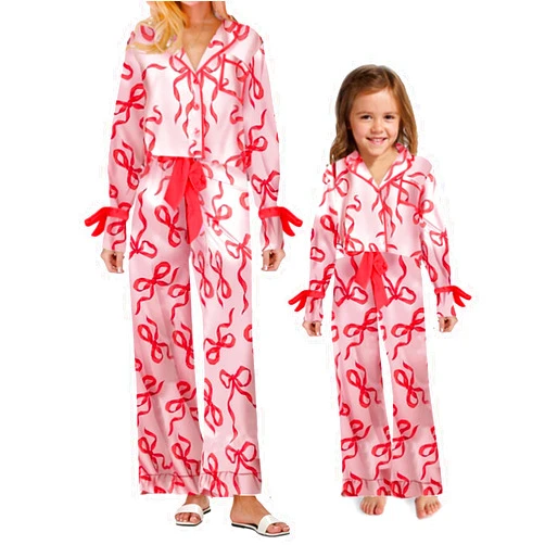 MYBFYABO Mommy and Me Christmas Bow Tie Clothes Set Silk Satin Bow Print Mom Daughter Matching Outfit Xmas 2PC Jammies