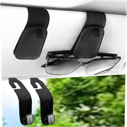 Teoenix Sunglass Holder for Car 2 Pack & Car Seat Headrest Hook for Purses and Bags 2 Pack Leather Bundle Combo Set for Car Accessories Organizers and Storage, Black