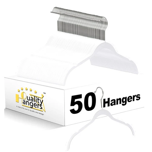 Quality Hangers Clothes Hangers 50 Pack - Non-Velvet Plastic Hangers for Clothes -Heavy Duty Coat Hanger Set -Space-Saving Closet Hangers with Chrome Swivel Hook, Non-Flocked Hangers (50, White)