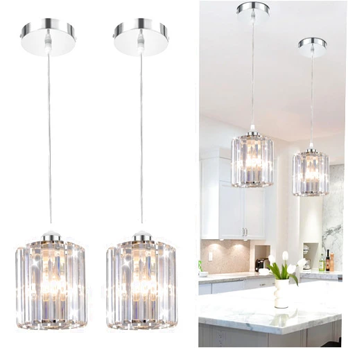TISLYCO Crystal Pendant Lights - Kitchen Island Lighting, Mini Crystal Chandelier for Living Room, Dining Room, Hallway, Bar - 2 Pack - Silver