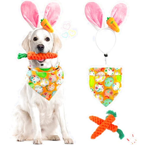 Dorakitten Dog Easter Costumes - Adorable Bunny Ears Headband Cute Dog Bandana Funny Carrot Shape Rope Teeth Cleaning Dog Chew Toys Gifts for Pet Puppy 4 PCS