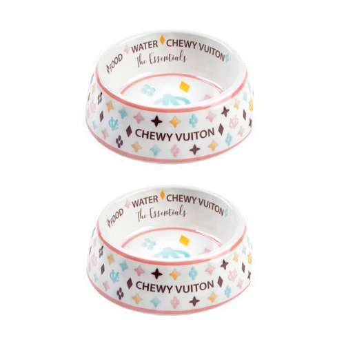 Haute Diggity Dog White Chewy Vuiton Dog Bowl, BPA-Free Food & Water Bowl for All Breeds, Non-Skid Bottom, Dishwasher Safe, Size Small, Case of 2.