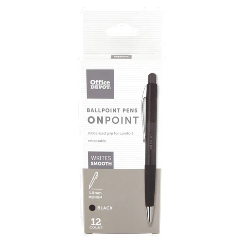 FORAY Office Depot Soft-Grip Retractable Ballpoint Pens, Medium Point, 1.0 mm, Black Barrel, Black Ink, Pack Of 12