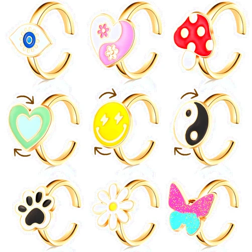 Sureio 9 Pieces Fidget Anxiety Rings Rotatable Open Ring Set Cute Spinner Rings for Anxiety Stackable Rotating Rings Calming Worry Adjustable Rings for Women Ladies Mood Relieve Stress (Cartoon Style)…
