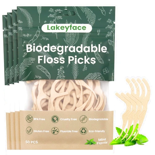 Lakeyface 200 Count Biodegradable Dental Floss Picks, Eco Friendly Plant-Based Tooth Flossers for adults, Tear-Resistant Floss Sticks with Wide Handles, Vegan & BPA Free Dental Floss for Natural Oral Care, Mint