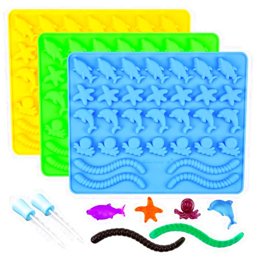 CAKETIME Gummy Molds Hard Candy Molds - Candy Molds Silicone Including Worms, Starfishs, Dolphins, Octopus, Sharks Sea Mold BPA Free, Pinch Test Approved Pack of 3 Ocean Molds
