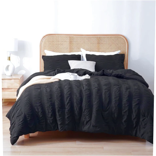 PHF Soft Seersucker Comforter Set Queen Size, 3 Pieces Lightweight Black Bedding Set for All Season, Breathable Comforter Sets with 1 Comforter and 2 Pillowcases