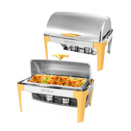 ROVSUN 9 Quart 2 Packs Roll Top Chafing Dish Buffet Set Gold Accent,Stainless Steel Rectangular Chafer for Catering,Food Warmer with Glass Window for Party Wedding Catering Banquet Graduation Event