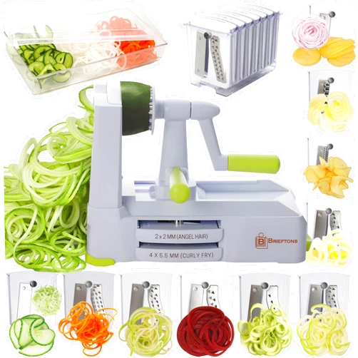 Brieftons 10-Blade Vegetable Spiralizer: Strongest-Heaviest Duty Spiral Slicer, Best Veggie Pasta Spaghetti Maker for Low Carb/Paleo/Gluten-Free, With Container, Lid, Blade Caddy, 4 Recipe Ebooks