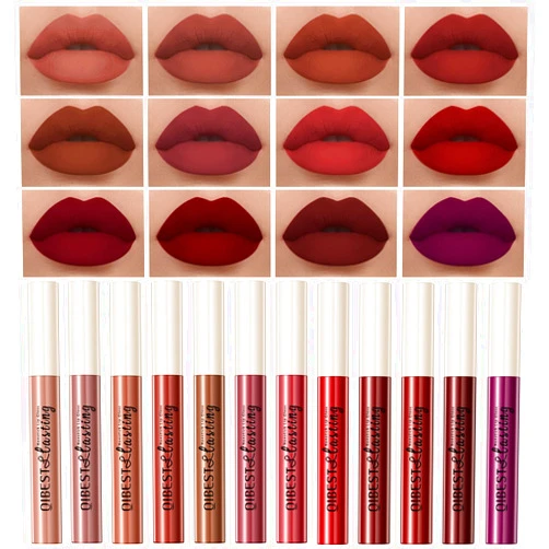 BONNIE CHOICE 12Pcs Nude Matte Liquid Lipstick Set, Waterproof Long Lasting Non-Stick Cup Nude Brown Dark Red Purple Lipstick 24 Hour Matte Lipstick Professional Lip Makeup Valentine's Day Gift for Women (Set A)