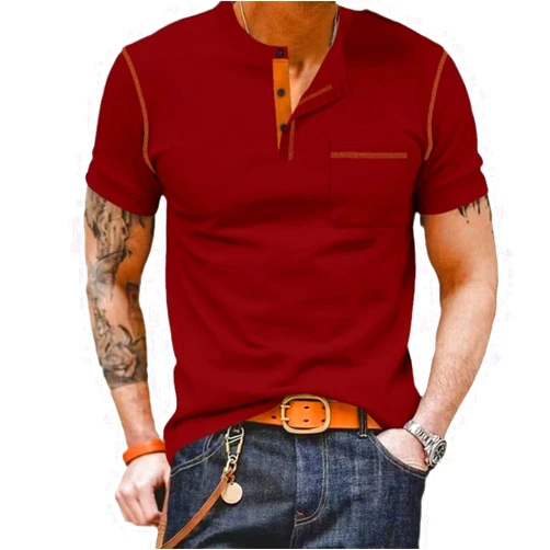 DMOYALA Henley Shirts for Men Short Sleeve Crew Neck Slim Fit Color Block Summer Casual Lightweight Work Tshirts with Pocket