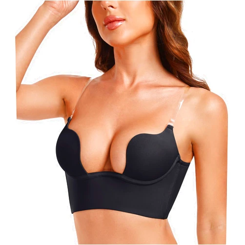 JOATEAY Deep Plunge Low Back Bra for Women Backless Underwire Padded Bra with Convertible Clear Straps
