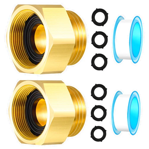 Dreyoo 2 Pack Hose Bib Brass Adapter, 1-1/16 Inch Fine Thread Female Vacuum Hose Bib Compatible with Arrowhead Brand Hose Bibs Only Brass, with 1/2 by 157 Inch Plumbers Tape