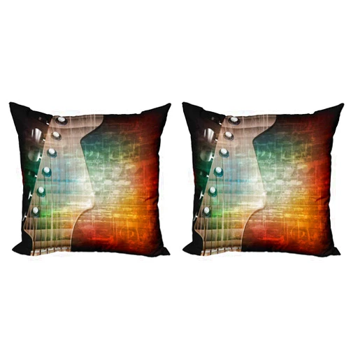 Ambesonne Guitar Decorative Throw Pillow Case Pack of 2, Abstract Grunge Retro Background with Headstock and Tuning Pegs Blues Jazz Music, Couch Bedroom Living Room Cushion Cover, 24