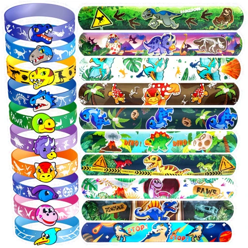 DMIGHT Dinosaur Party Favors, 30 Slap Bracelets Rubber Wristbands for Kids Boys Girls Birthday Party Favors Supplies Classroom Prize Gifts Dinosaur Goodie Bag Fillers