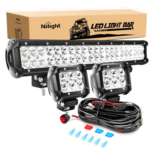 Nilight - ZH002 20Inch 126W Spot Flood Combo Off Road Led Light Bar 2PCS 18w 4Inch LED Pods With 16AWG Wiring Harness Kit-3 Lead For Tractor, 2 Years Warranty